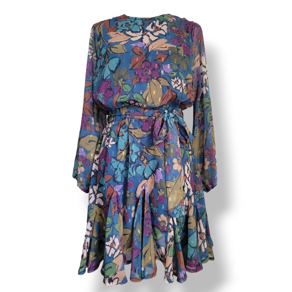 Meet Me In Santorini Floral Tiered Ruffle Hem Mini Dress Belted Boho Medium